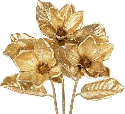 Briful Set of 3 Gold Magnolia Floral Stems 26in Magnolia Artificial Flowers Silk Magnolia Flower Branches for Christmas Home Office Table Vase Decor