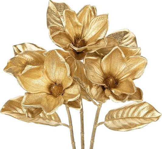 Briful Set of 3 Gold Magnolia Floral Stems 26in Magnolia Artificial Flowers Silk Magnolia Flower Branches for Christmas Home Office Table Vase Decor