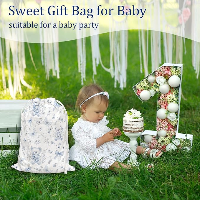 DSHFG Light Blue Chinoiserie Birthday Drawstring Gift Wrap Bags, Chinoiserie Bear Baby Shower Drawstring Gift Bags Canvas, Blue and White Small Happy Birthday Bag, 10x13 Inch