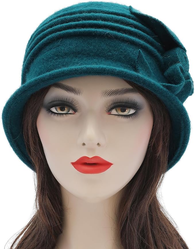 ZLYC Women Wool Cloche Bucket Hat 1920s Vintage Dress Winter Hats with Flower Accent