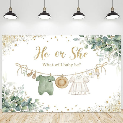 Riyidecor Sage Green Gender Reveal Backdrop Polyester Fabric He or She What Will Baby Be 5Wx3H Feet Boho Eucalyptus Watercolor Leaves Gold Dots Photography Background Baby Shower Photo Studio Shoot
