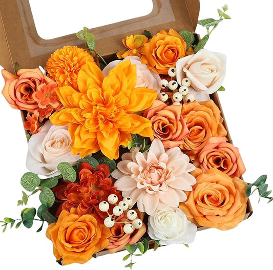 Multi Use Artificial Fall Flowers Burnt Orange Combo Box Set Rose Dahlia Peony Fake Flowers with Stems for DIY Bridal Wedding Bouquets Centerpieces Baby Shower Party Home Decor
