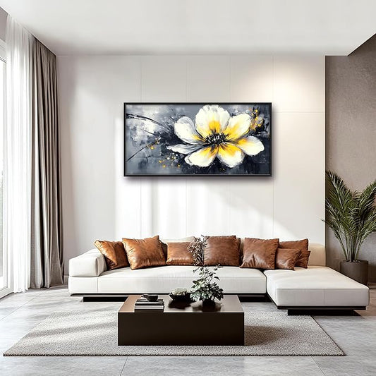 Abstract Flower Large Wall Art Framed Wall Decor for Living Room Black and White Floral Pictures Oversized Canvas Print Painting Modern Extra Large Artwork for Bedroom Office Home Decor 60"x30"