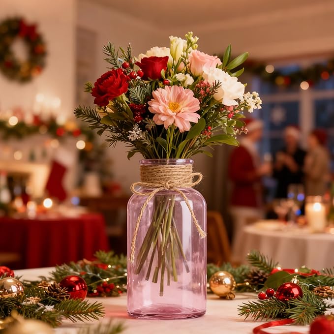 Vintage Glass Flower Vase，6 Pack Pink Farmhouse Glass Centerpiece Vases Mason Jars for Weddings, Parties & Home Decor Bulk (6, Pink)