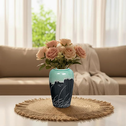 Black and Green Vase, 8 Inch Green Ceramic Vase with Textured Crackle Glaze, Modern Farmhouse Vases for Home Decor, Rustic Centerpiece for Living Room, Bathroom