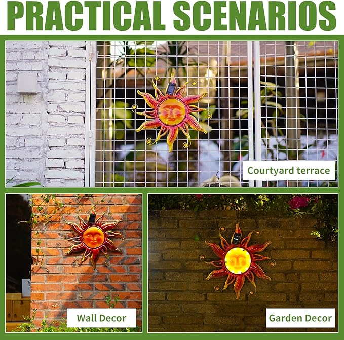 18" Solar Sun Face Wall Art - Metal Sun Sculpture with LED Lights & Smiling Face, Outdoor Wall Hanging Decorations (Gold)