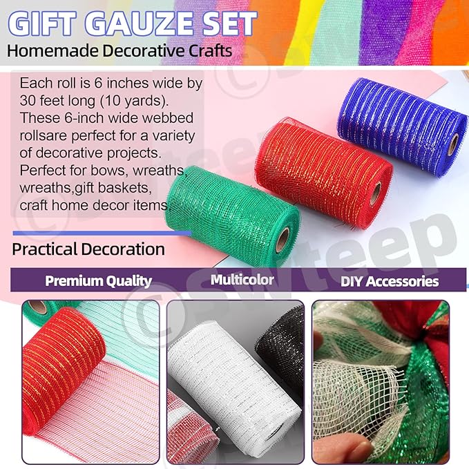 Swpeet 3 Rolls 6 Inches Mesh Ribbon Glitter Metallic Wrapping Ribbon Kit, Glitter Tulle Fabric Spool Ribbon Metallic Foil Mesh Ribbon for DIY Project Wreaths Party Decorations Wrapping Craft