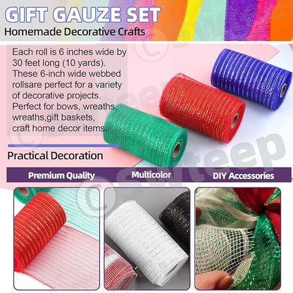 Swpeet 3 Rolls 6 Inches Mesh Ribbon Glitter Metallic Wrapping Ribbon Kit, Glitter Tulle Fabric Spool Ribbon Metallic Foil Mesh Ribbon for DIY Project Wreaths Party Decorations Wrapping Craft