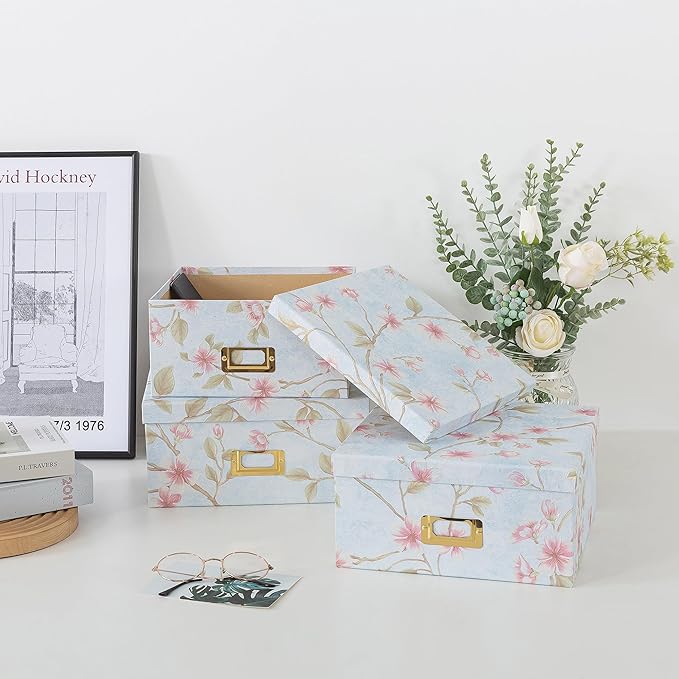 Soul & Lane Decorative Cardboard Storage Boxes - Set of 3 Square Stacking Boxes with Lids and Gold Label Holders, Nesting Photo Storage for Decor and Organizing, Pale Blue