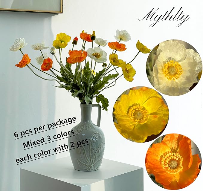 Set of 6 Multicolour Artificial Poppy Flowers, Silk Flowers with Stems for Vase Arrange for Wedding Party Home Office Indoor Kitchen Dining Table Centerpiece Decoration (White Yellow Orange)