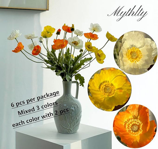 Set of 6 Multicolour Artificial Poppy Flowers, Silk Flowers with Stems for Vase Arrange for Wedding Party Home Office Indoor Kitchen Dining Table Centerpiece Decoration (White Yellow Orange)
