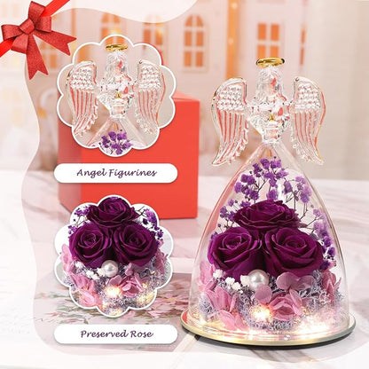 ANWEAO Preserved Flowers Birthday Gifts for Her Preserved Real Rose in Angel Glass Crystal Angel Figurines for Her Ideal Birthday,Mother's Day,Wedding,Valentine's,Thanksgiving Day,Christmas