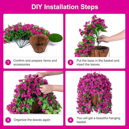 Artificial Faux Hanging Flowers Basket for Spring Summer Outdoor Porch Decoration, Fake Silk Colorful Morning Glory Eucalyptus in Planter UV Resistant for Home Balcony Yard(Red Purple)