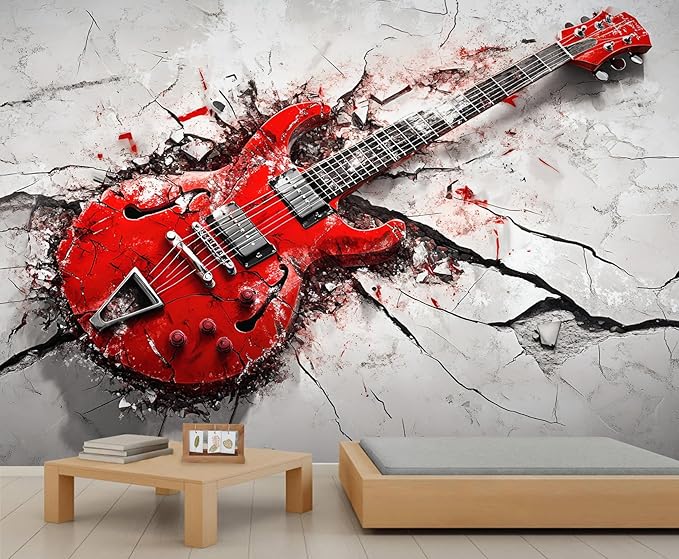 Red Electric Guitar Wall Mural, Grunge Style Guitar 3D Wall Murals, Rock Music 3D Explosion Wallpaper Mural, for Living Room Bedroom Large Wallpaper Indoor Decor 98.4" W x68.9 H