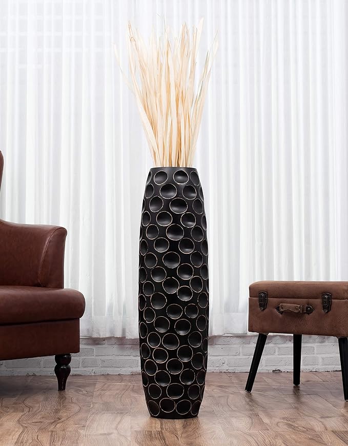 Leewadee Large Black Home Decor Floor Vase - Wooden 34 inch Tall Farmhouse Decor Flower Holder for Fake Plant and Pampas Grass