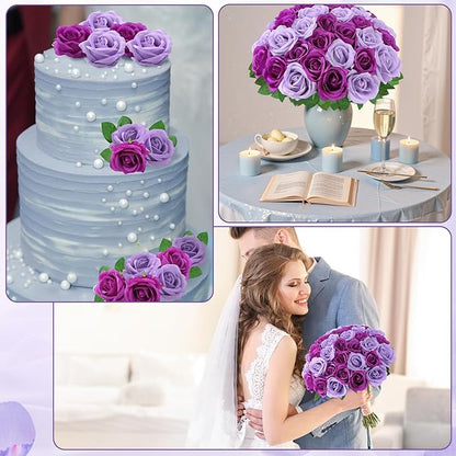 36 Pcs Lilac, Purple Artificial Roses with Long Stems, Fake Silk Rose Artificial Flowers Bulk for Bridal Wedding Bouquet Centerpiece Ball Arrangement Party Decor