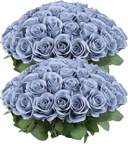 50pcs Roses Artificial Flowers Dusty Blue Silk Roses with Long Stems Fake Flowers for Wedding Bouquet Centerpices Decorations Party Bridal Baby Shower Home Decor