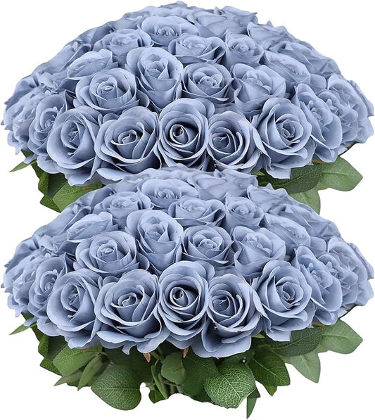 50pcs Roses Artificial Flowers Dusty Blue Silk Roses with Long Stems Fake Flowers for Wedding Bouquet Centerpices Decorations Party Bridal Baby Shower Home Decor