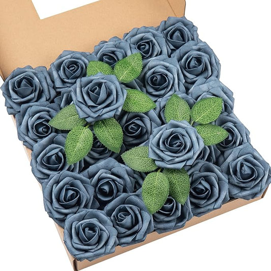 DuHouse 25Pcs Artificial Roses Flowers Fake Roses with Stems Real Touch Foam Flowers for DIY Wedding Bouquet Baby Shower Centerpiece Floral Arrangement Party Home Decor(Dusty Blue)