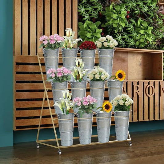 Notakia 12 Inch Large Galvanized Metal Vases Farmhouse French Flower Bucket Vases for Cut Flowers for Home Decor and Wedding Table Centerpiece Decorations (Large Silver Set of 4)