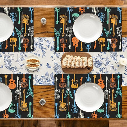 Colorful Guitar Placemats Set of 4, Placemats for Dining Table,Heat Resistant Stain Resistant Wipeable Table Mats for Kitchen Dining Holiday Party Home Decor,12x18 Inch