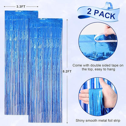 2 Pack Laser Blue Foil Fringe Backdrop Curtains, Tinsel Streamers Birthday Party Decorations, Fringe Backdrop for Graduation, Baby Shower, Gender Reveal, Disco Party