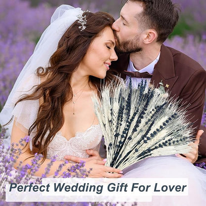 Dried Lavender & Wheat Flowers Bundle - 17'' Real Fresh Preserved Lavender Flowers and White Wheat Plants Bouquet Hand Tied Fall Wedding, Fragrance Home Vase Decor, Bohemian Arrangements, 2 Bundles