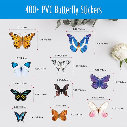 400+ PCS Delicate Butterfly Stickers, Self-Adhesive PVC Vintage Butterfly Stickers for Scrapbook, Journal, Laptop, Envelope, DIY Project, Window, Spring Themed Party Decors