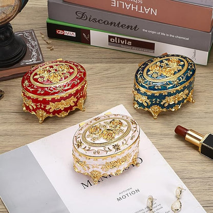 Hipiwe Oval Jewelry Box Classic Metal Trinket Organizer Ring Storage Box with Rose Pattern Jewelry Storage Box for Ring Earrings Necklace, Gift for Women, Red
