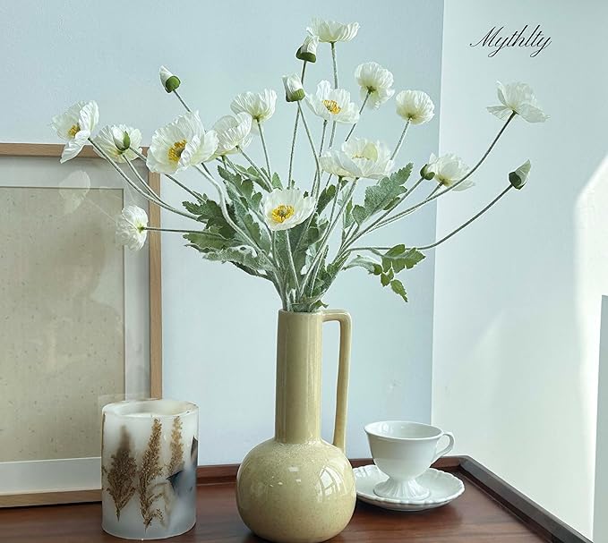 Set of 6 White Poppies Flowers Artificial for Vase, Faux Wildflowers with Long Stems, Silk Flowers Arrangement for Wedding Party Farmhouse Home Office Indoor Kitchen Dining Table Decoration