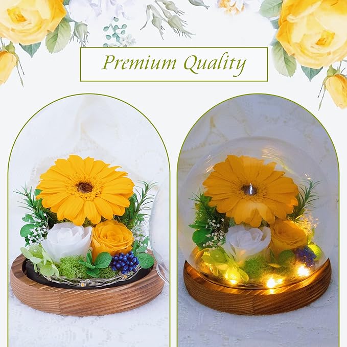 Sunflower Gifts for Women Mom Birthday Gifts for Her Preserved Real Flowers in Glass Dome with LED Strip, Forever Flowers Gifts for Wife Girlfriend Mom on Mother Day Birthday Valentine Day