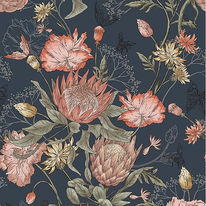 Floral Wallpaper Peel and Stick Floral Contact Paper Dark and Pink Vintage Wall Paper Removable Self Adhesive Vinyl Stick on Wallpaper for Bathroom Bedroom Decor 17.3in x 400in
