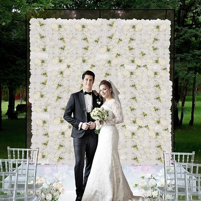 3D Flower Wall Backdrop - 12Pcs Artificial Flower Wall Panel 15 * 15inch Decoration White Roses Wall for Home Party Wedding Anniversary Birthday