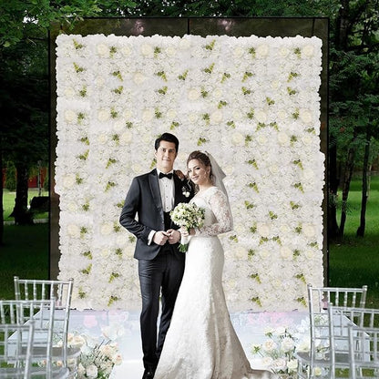 3D Flower Wall Backdrop - 12Pcs Artificial Flower Wall Panel 15 * 15inch Decoration White Roses Wall for Home Party Wedding Anniversary Birthday