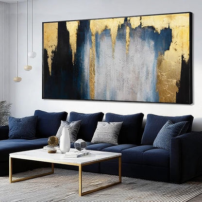 WINKAILIN Blue and Gold Abstract Canvas Wall Art with Frame Modern 29x58 Large Painting Minimalist Artwork for Living Room Bedroom Dining Room Decor