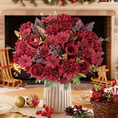 Dremisland Artificial Christmas Flowers 2 Bundles Fake Roses Silk Like Real Artificial Bouquets with Daisy Chrysanthemum Faux Flowers Arrangements for Christmas Centerpiece Table Home Decor