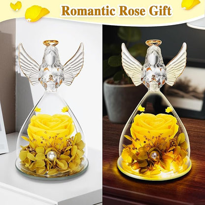 LURLIN Birthday Rose for Women, Preserved Flowers for Mom, Glass Angel Figurines With LED Forever Rose for Grandma Wife Friend Teacher, Nurse, Anniversary Day Girls Gift