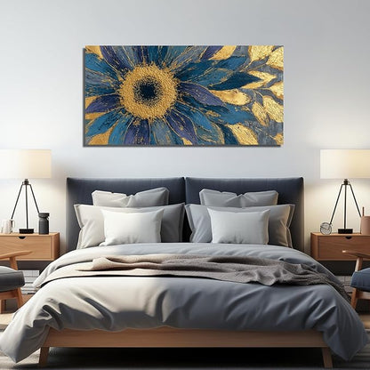 JuhaiArt Blue Wall Art Bedroom Large Gold Flower Canvas Wall Decor Floral Picture Art for Living Room Office 29" x 59" Sunflower Abstract Artwork