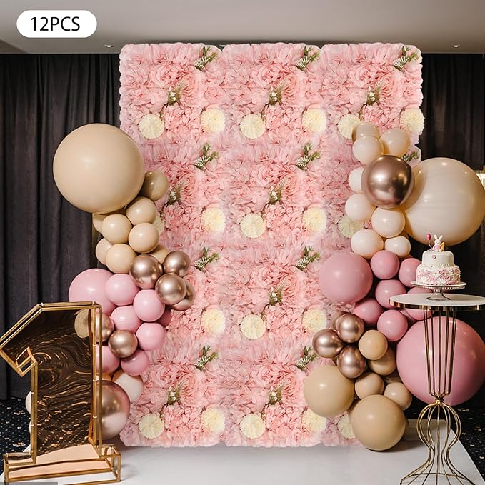 12Pcs Artificial Flower Wall Panel,3D 15" X 15" Silk Rose Mat Artificial Flower Wall,Decorative Backdrop Flower Panels Wall for Wedding Party Stage Baby Shower Decor (Pink,Champagne)