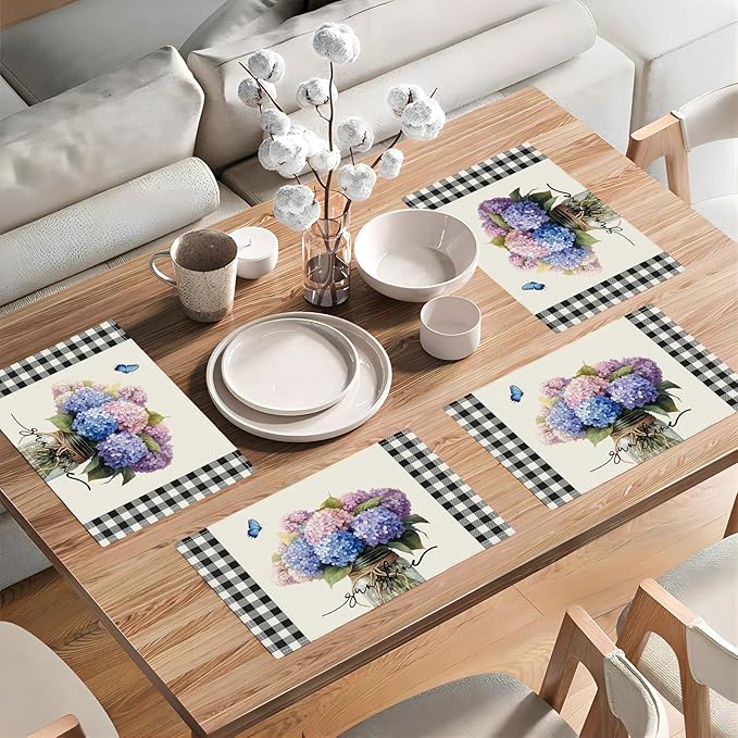 Farmhouse Hydrangea Placemats Set of 6, Country Sunshine Flowers Place Mats, Rustic Spring Butterfly Dining Table Mats, Washable Placemats for Kitchen Dining Room 18L'' × 12W''