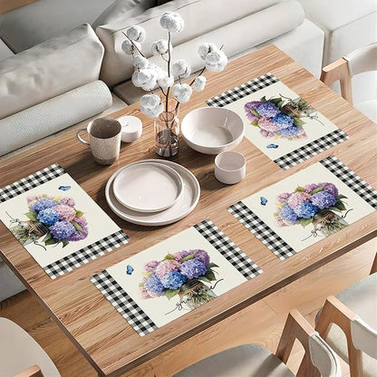 Farmhouse Hydrangea Placemats Set of 4, Country Sunshine Flowers Place Mats, Rustic Spring Butterfly Dining Table Mats, Washable Placemats for Kitchen Dining Room 18L'' × 12W''
