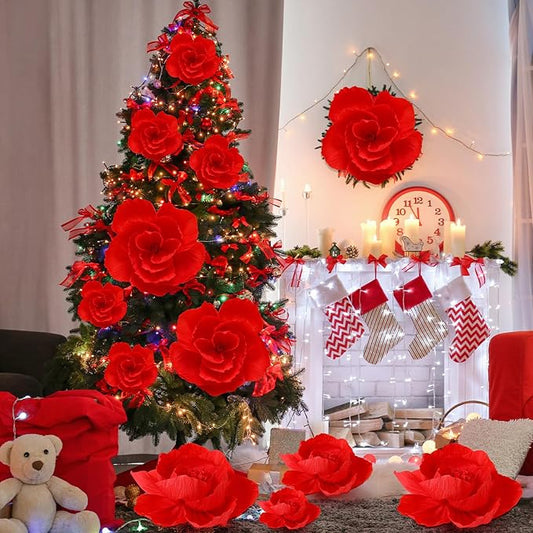 Giant Paper Flowers Artificial Large Paper Flower Decoration for Handcrafted Wall Backdrop Christmas Mexican Wedding Graduation Bridal Shower Birthday Party Supplies(Red,12 Pcs)
