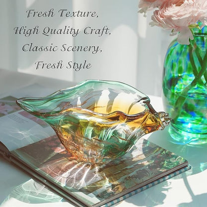 9inch Blown Glass Shell Vase,Handmade Seashell Potpourri Holder Art Glass Conch Seashell Figurine Collectibles Unique Conch Bowl for Home Decor Gift,Colorful