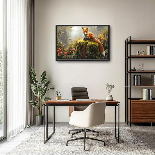 Forest Fox Large Wall Art Framed Rustic Wall Decor for Living Room Fox Mushroom Pictures Oversized Canvas Print Painting Modern Extra Large Framed Artwork for Bedroom Office 36"x24"