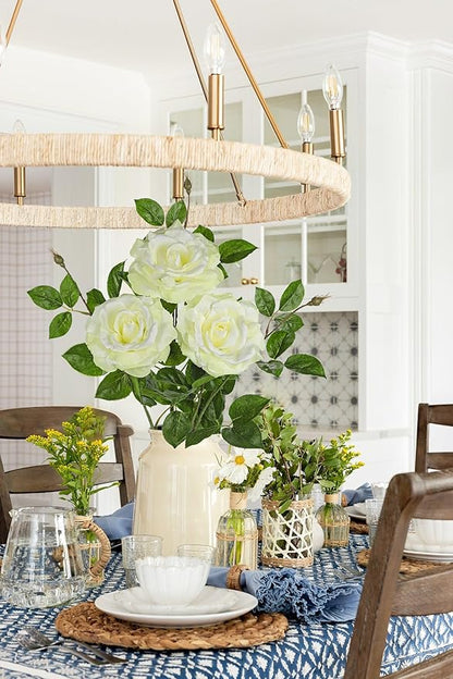 Hollyone 3Pcs White Roses Artificial Flowers Bouquets 26.3" Rose Fake Flower Arrangements Silk Flowers with Long Stem Floral Branch Faux Roses Flowers for DIY Wedding Table Centerpieces Home Decor