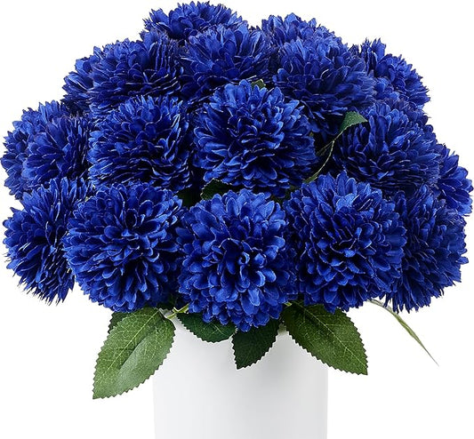 SITUMEIZI 12 Pcs Blue Artificial Chrysanthemums Flowers Ball Flower Fake Mums Silk for Wedding Home Kitchen Decoration Floral Arrangement