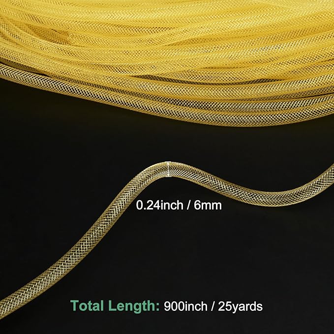 Mesh Tube Ribbon 25 Yards, 6mm Elastic Fabric Ribbons Mesh Tubing for Crafts/Gift Wrapping/Flower Bouquets/Wedding/Birthday/Holiday/Wreaths Christmas/Decoration[Ginger Yellow]
