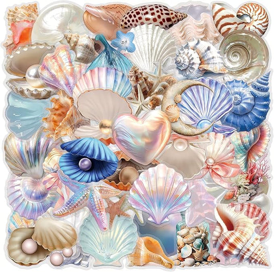 60 Pcs Holographic Seashell Stickers, Iridescent Conch Shell & Starfish Vinyl Decals, Waterproof Glittering Aesthetic Stickers for Scrapbooking, Journaling, Water Bottle, Laptop, Phone Case Decor