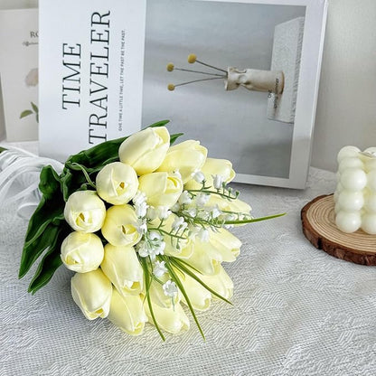 Artificial Floral Tulip Bouquet 20pcs Artificial Tulip Flowers,Bridesmaid Bouquet with Wedding Ceremony Festivals Anniversary Bridal Rehearsal Party Bar Table Decor(Cream)