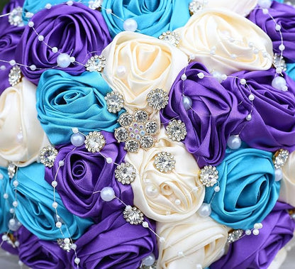 Bridal Wedding Bouquet Round Bling Brooch Bouquet Throw Toss Artificial Rose Flower Bunch for Bride Bridesmaid Wedding Quinceanera(Teal Blue, Purple & Cream, 9.8")